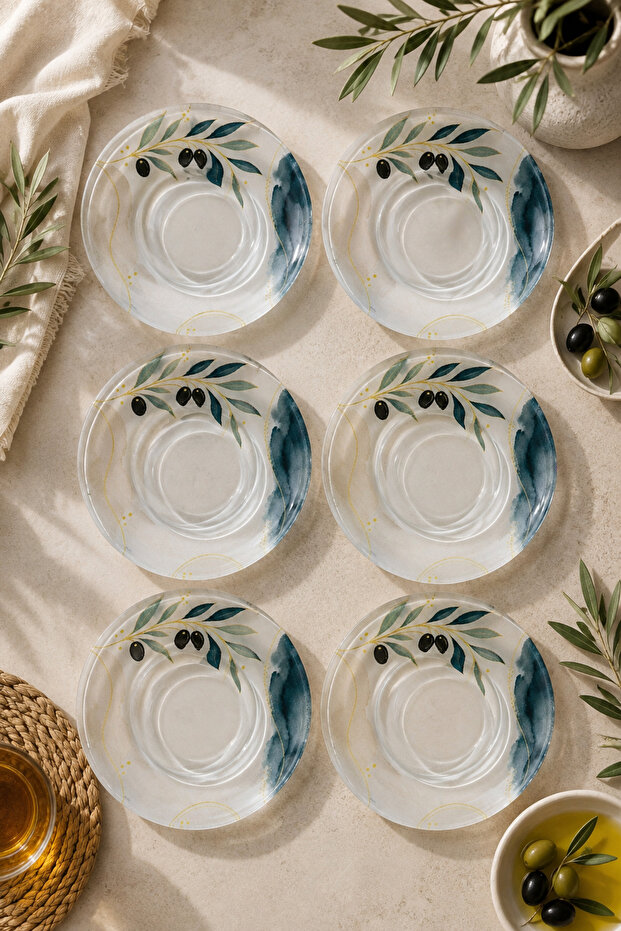 Set of 6 Glass Tea Plates – Olive Branch Patterned Blue Gold Design – 6 Tea Plates