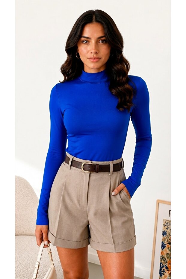 Women's Sax Blue High Neck Long Sleeve Viscose Elastane Trend Blouse