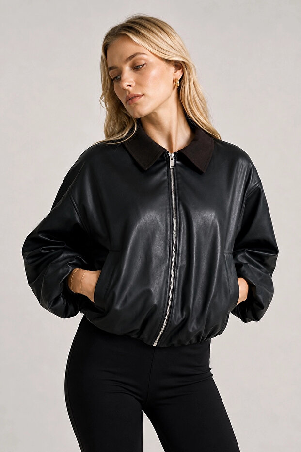 Women's Black Stylish Collar Detailed Lined Zipper Pocket Oversize Premium Quality Faux Leather Bomber Jacket