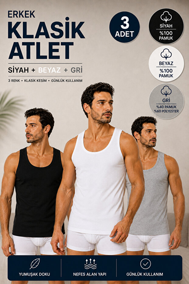Men's Combed Cotton Classic Undershirt 3-Pack (Seher Authorized Dealer)-Black(100% Cotton) White(100% Cotton) Gray(40% Cotton 60% Polyester)