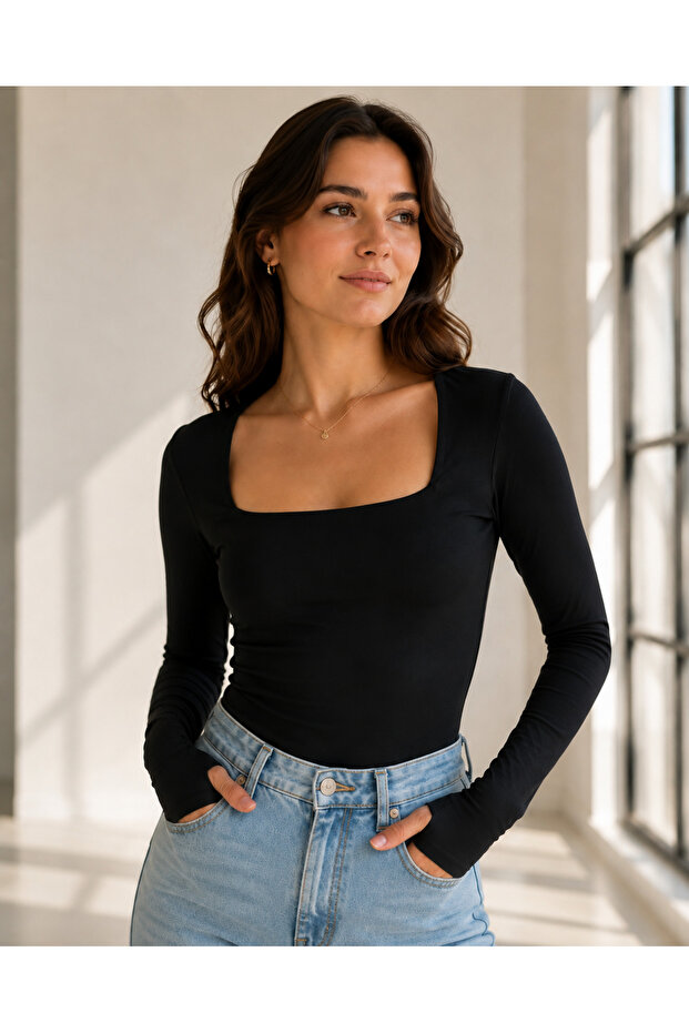 Women's Lined Finger-Looped 100% Organic Cotton (Square Neck Blouse Ovv-4)