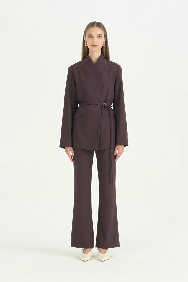 Half High Collar Belted Blazer - Plum