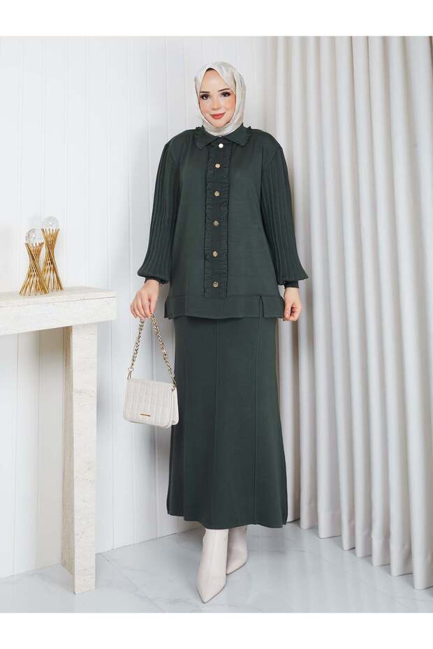 Knitwear Front Gathered Balloon Sleeve Skirted Two-Piece Set Khaki