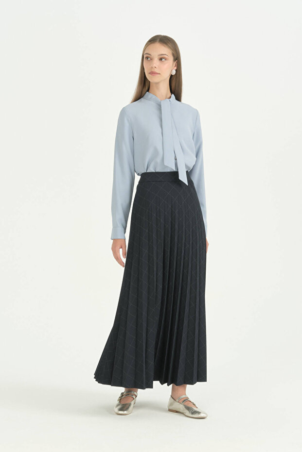 Pleated Plaid Skirt - Navy Blue
