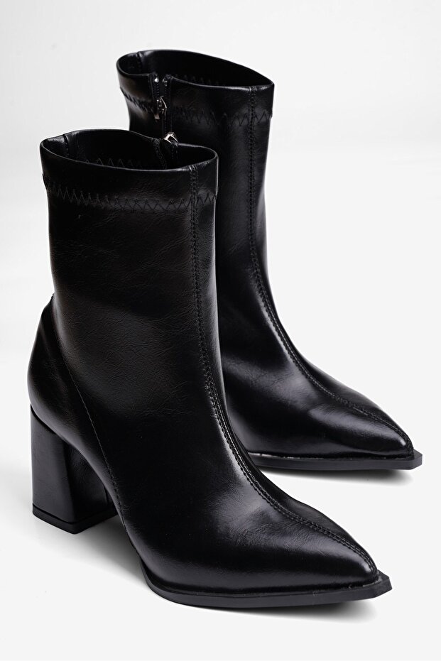 Women's Patent Leather Stretch Boots Zippered Heeled Pointed Toe Lena Black