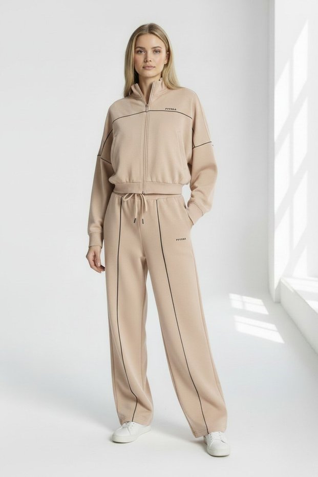 Women's Beige Oyshoo Low Sleeve Casual Crop Zipper Wide Leg Sweatpants Set - 78077