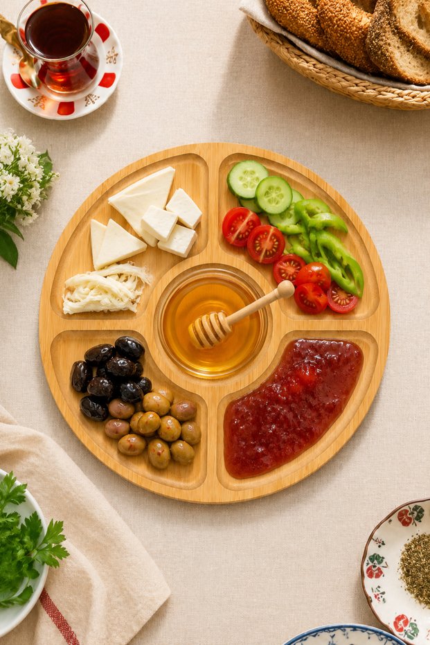 Natural Bamboo Round 360 ° Rotatable 5-Compartment Breakfast and Snack Presentation Plate Serving Stand 30 cm