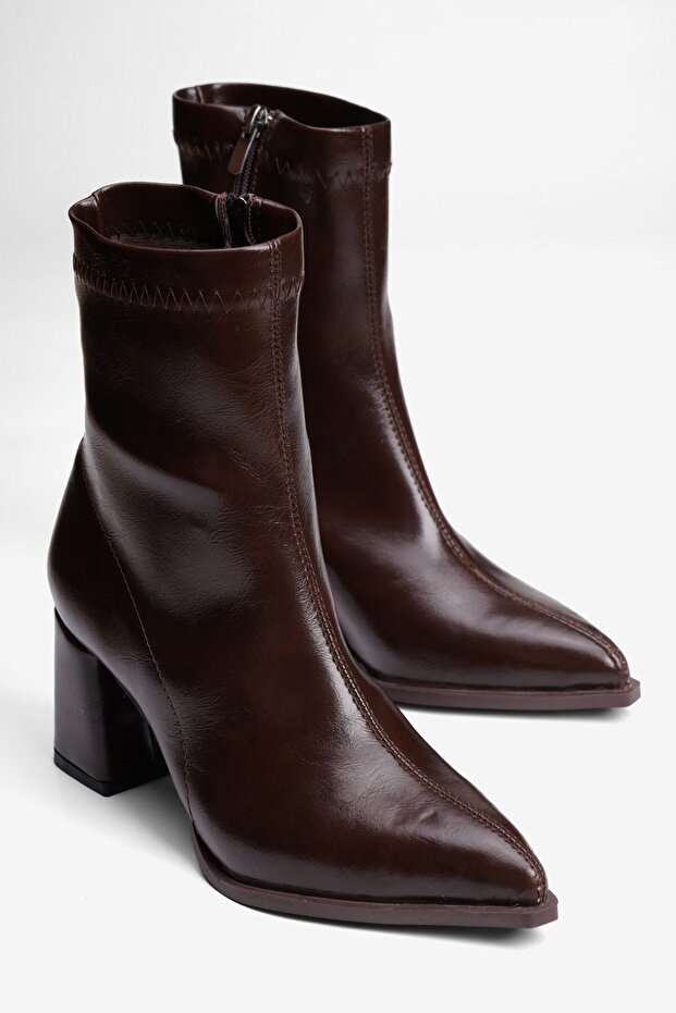 Women's Patent Leather Stretch Boots with Zipper, Heeled, Pointed Toe, Lena Brown