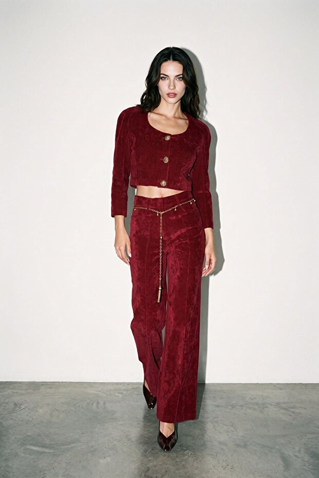 Burgundy Button Detailed Round Neck Jacket