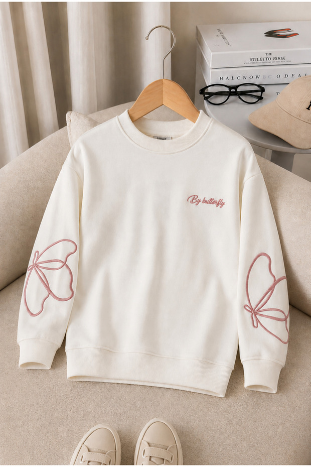 Girl's Sweatshirt Long Sleeve Dusty Rose Color Embroidered Butterfly Pattern Sweatshirt