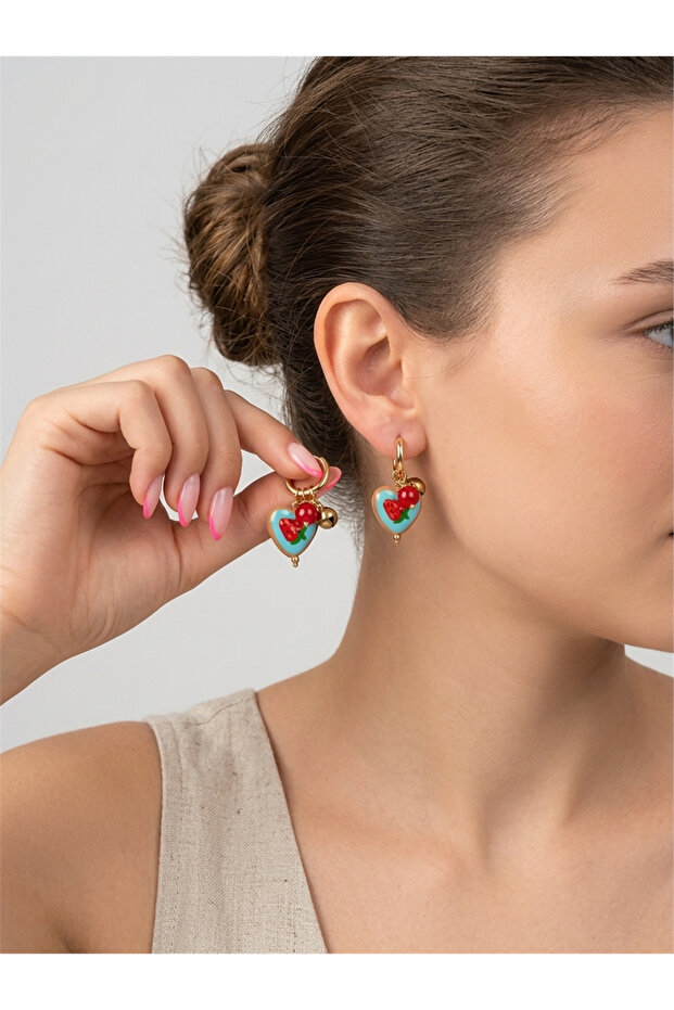 Gold Hoop Earrings with Blue Heart and Red Cherry Figures