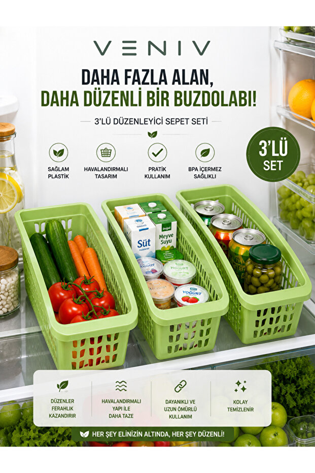 3-Piece Refrigerator Organizer Basket Set – Ventilated Multi-Purpose Kitchen Organizer