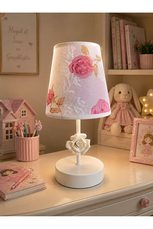 Açe White Standing Table Lamp with Pink Roses