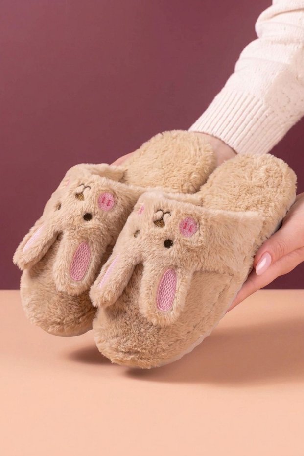 Towy Mink Rabbit Fur Detailed Plush Women's Winter House Slippers
