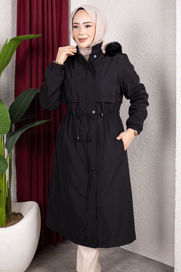Detachable Hooded Fur and Welsoft Lined Hijab Coat 110cm - Black