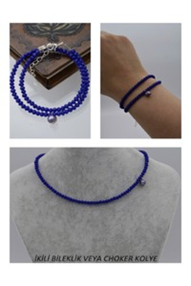 Pearl and Crystal Bracelet or Choker Necklace - Blue -