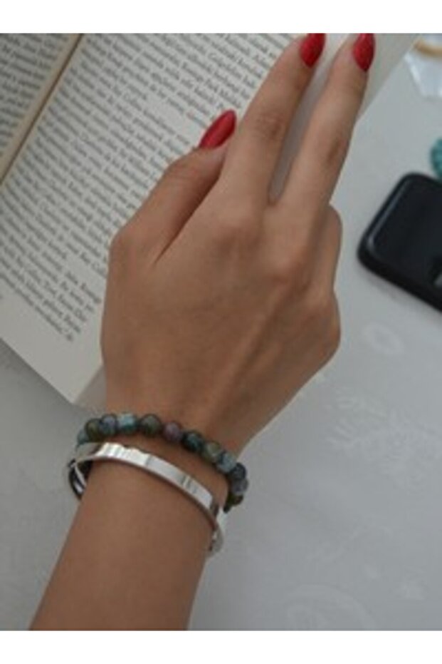 Indian Agate Bracelet Set - Silver Color -