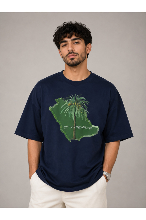 Saudi Arabia National Day Men's T-Shirt Oversize Printed Navy Blue Map Printed Crew Neck Short Sleeve