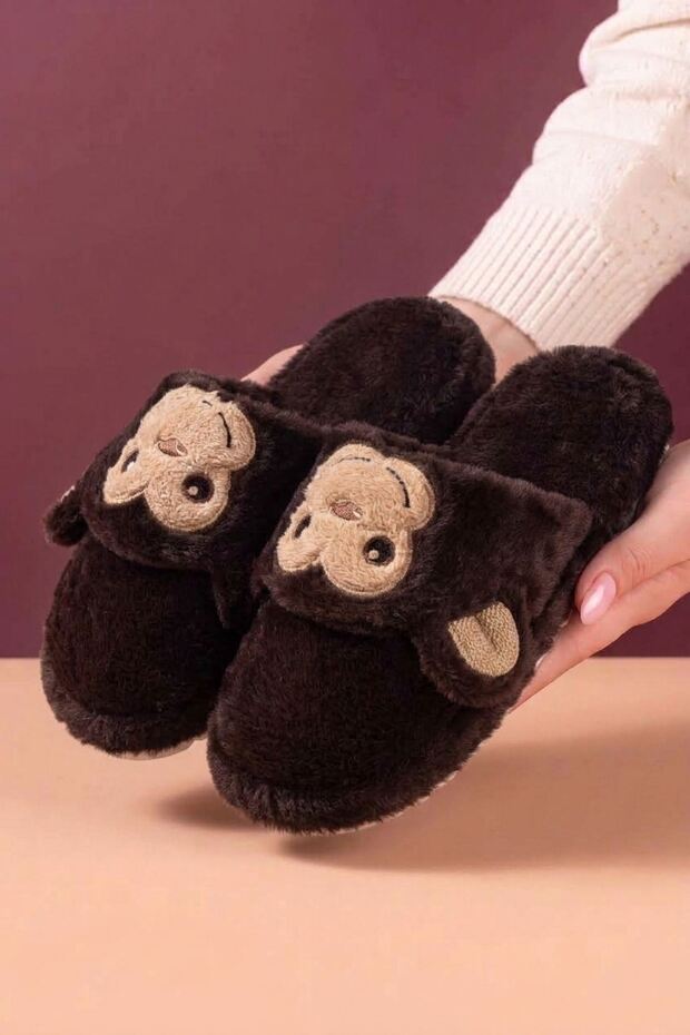 Borni Brown Monkey Scarf Detailed Plush Women's Winter House Slippers