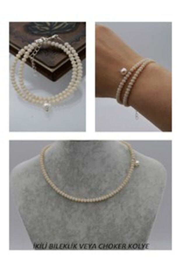 Pearl and Crystal Bracelet or Choker Necklace - Beige -