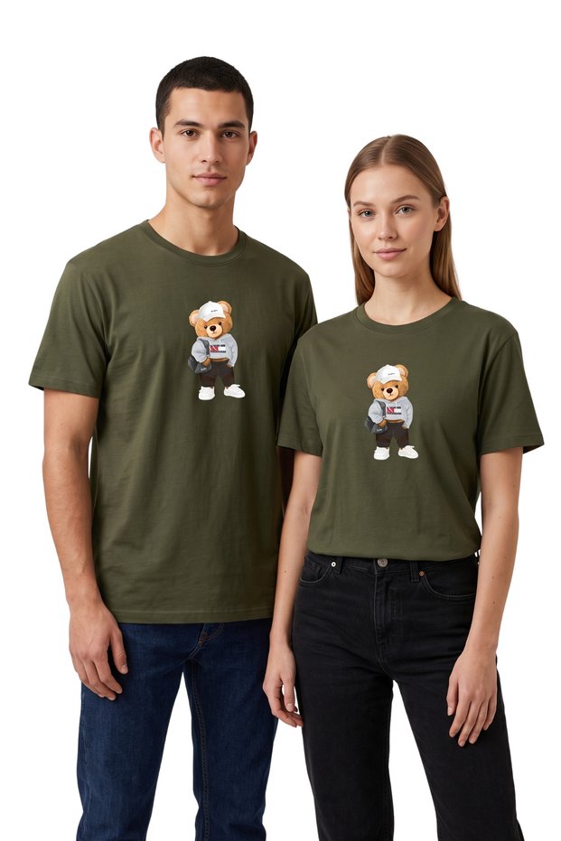 Street Style Teddy Bear Printed Khaki T-Shirt with Hat, 100% Cotton, Comfortable Fit