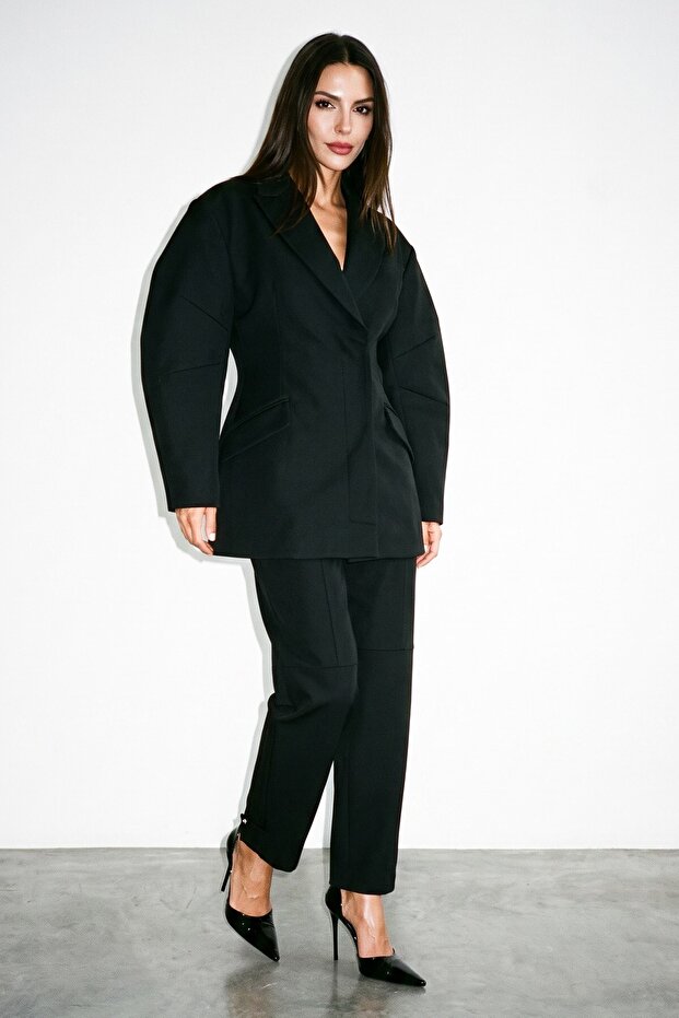 Black Puffy Sleeve Jacket with Pocket Detail