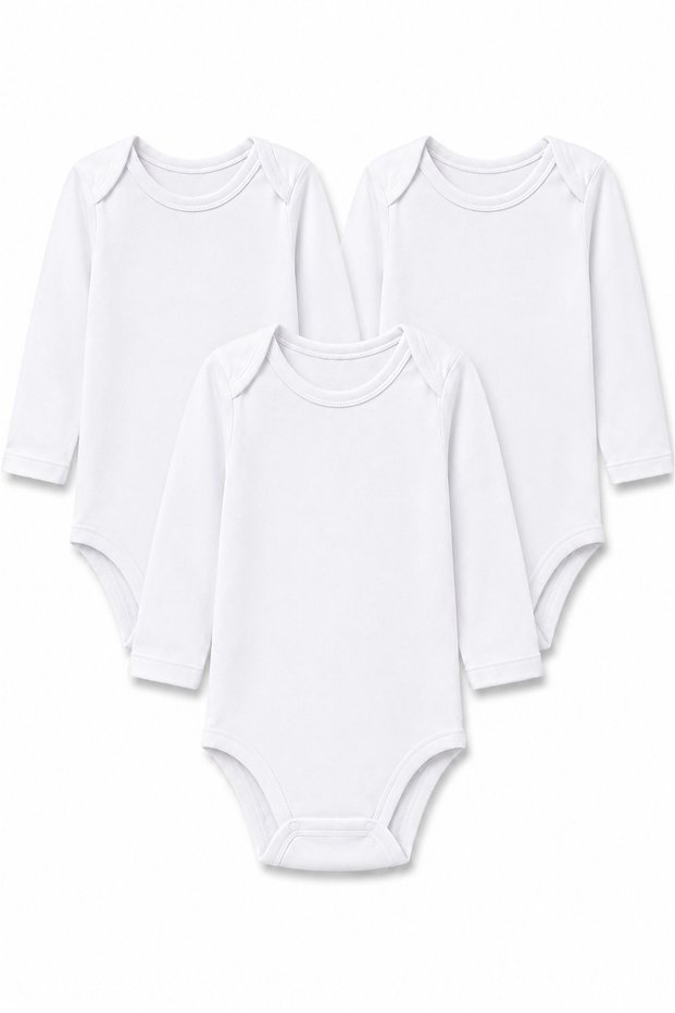 3-Piece Children's Long Sleeve Bodysuit 90% Cotton 10% Elastane Hooked Bottom Closure Flexible and Comfortable Ages 4-12