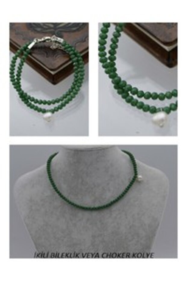 Pearl and Crystal Bracelet or Choker Necklace - Green -