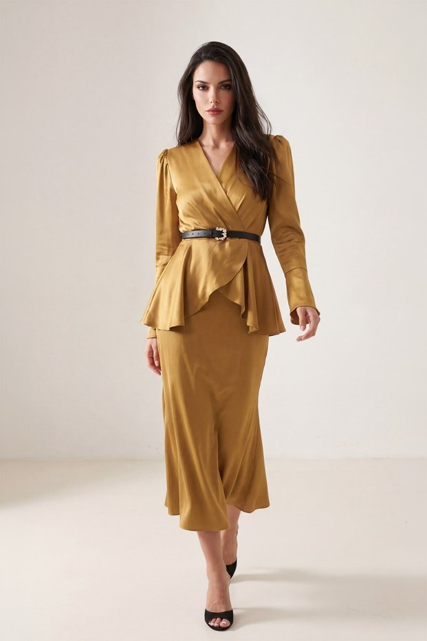 Mustard Belt Detailed Long Sleeve Midi Dress