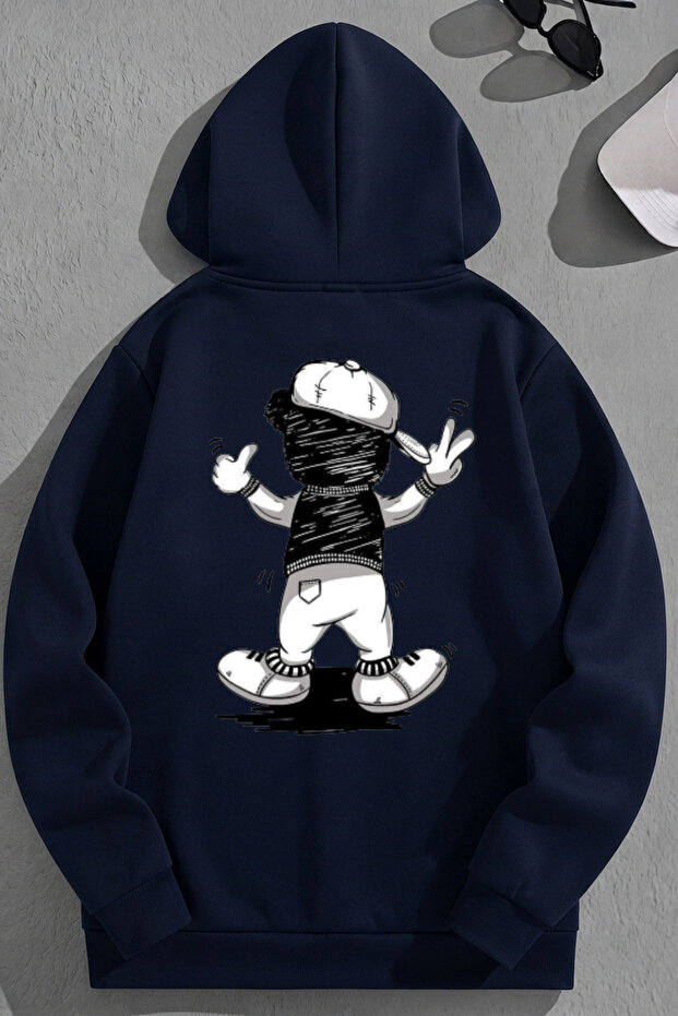 Unisex 3 Thread Cotton Navy Blue Hat Bear Print Loose Fit Sweatshirt Hoodie