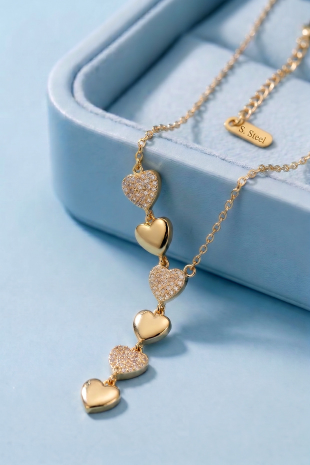 Stainless Steel Cz and Flat Heart Shooting Star "Y" Model Necklace Gold / Silver Color Eck72