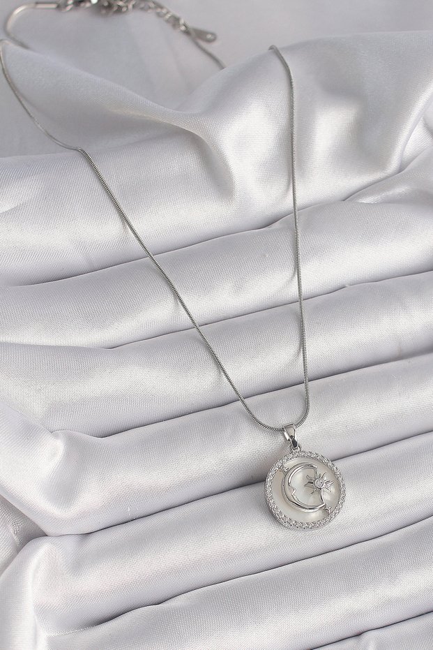 316L Steel Silver Color Chain Zircon Stone Detailed White Pearlescent Moon Star Engraved Women's Necklace -
