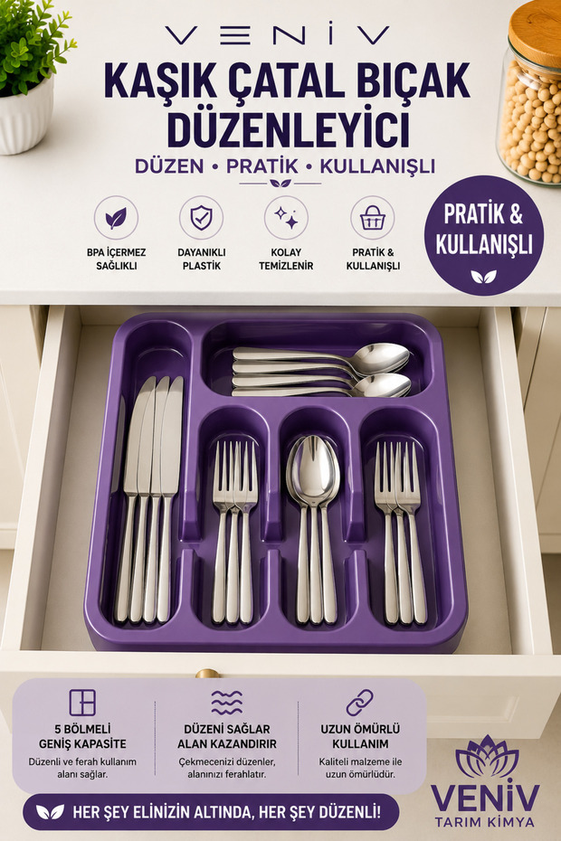 5 Compartment Spoon Fork Knife Organizer Drawer Organizer Purple