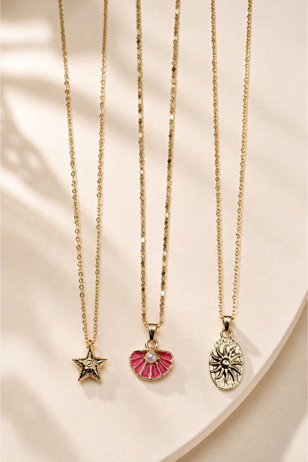 June Vintage 3-Piece Necklace Set Gold-Powder