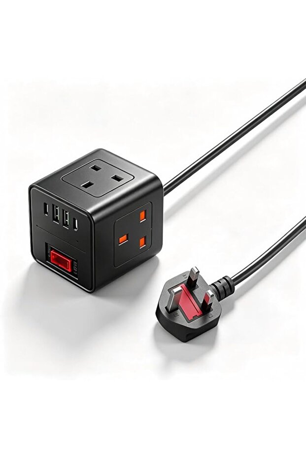 Cube Extension Lead with USB C Slots, 3 Way Power Extension with 4 USB (5V/2.1A), Small Tower Extens