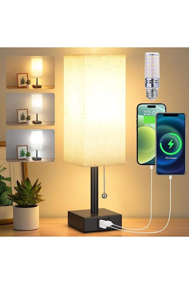 مصباح طاولة، مصباح طاولة قابل للتعتيم لغرفة النوم مع منافذ شحن USB A+C، مصباح طاولة بجانب السرير