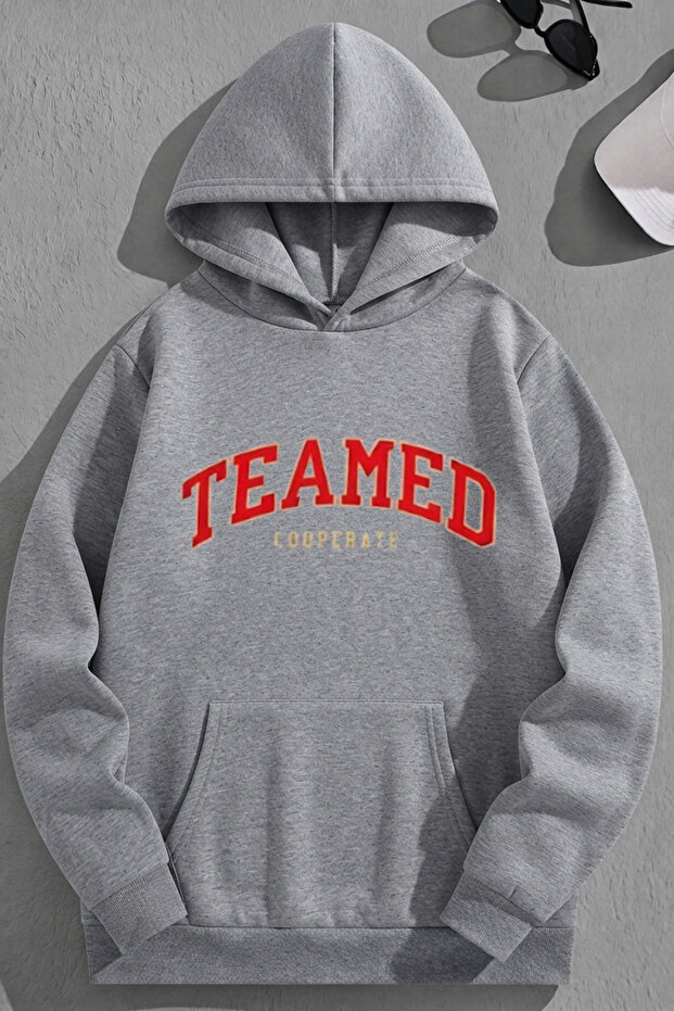Unisex 3 Thread Cotton Gray Teamed Print Loose Fit Sweatshirt Hoodie