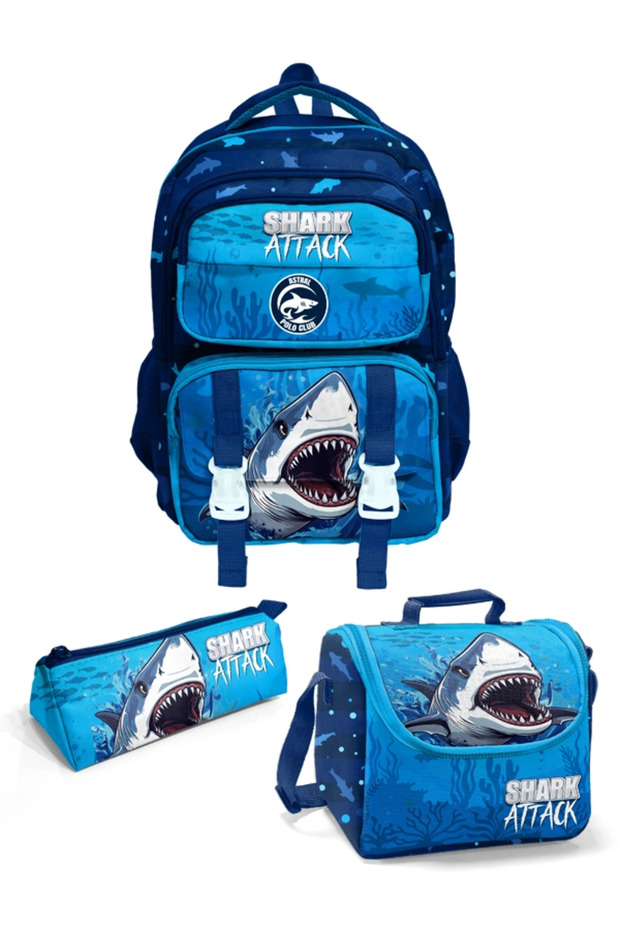 Shark Printed Shark Attack Blue Five-Compartment Boys' 3-Piece School Bag Set (Backpack, Lunch Bag, Pencil Case) 04594