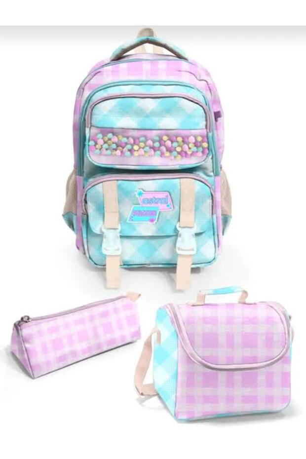 Plaid Patterned Pompom Detailed Pink Blue Five Compartment Girls' 3-Piece School Bag Set (Backpack, Lunch Bag, Pen Case) 04604