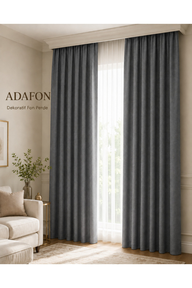 Anthracite Adafon Soft Velvet Textured Cornice Stylish Decorative Living Room Curtain Background Curtain