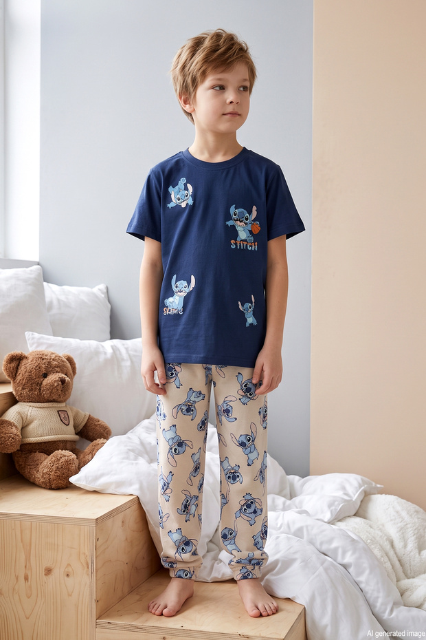 Boy's Short Sleeve Combed Cotton Pajama Set 4301 Navy Blue01