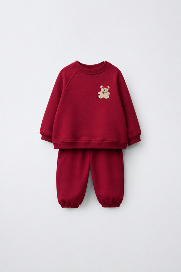 Children's Cotton Teddy Bear Embroidered Burgundy School Sweatshirt and Sweatpants Set