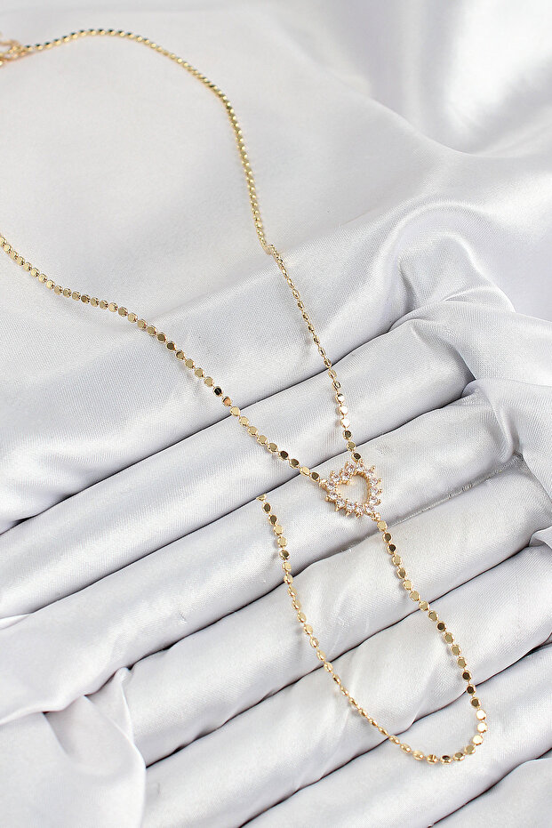 Brass Zircon Stone Crushed Chain Heart Model Gold Color Y Necklace -
