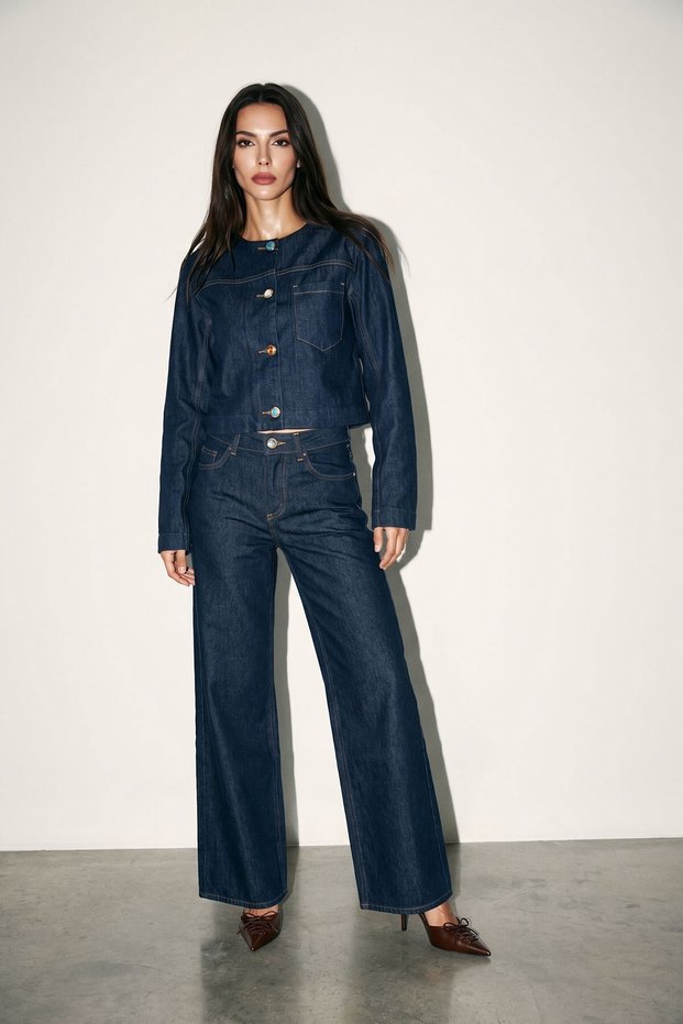Navy Blue Jacket with Pocket and Button Details & Loose-Fit Jeans Set