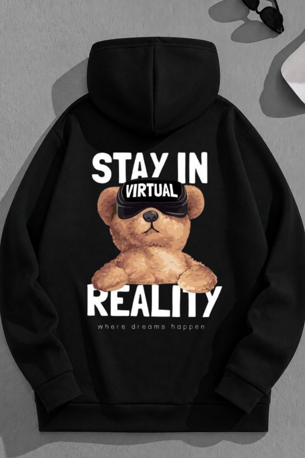Unisex 3 Thread Cotton Black Stayin Print Loose Fit Sweatshirt Hoodie