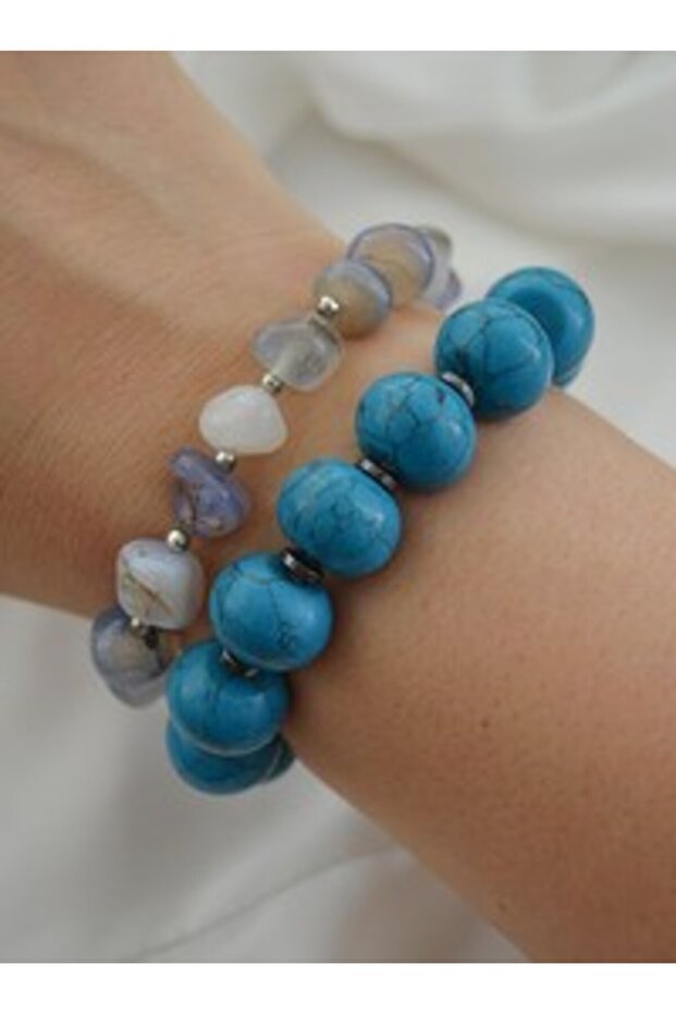 Blue Agate and Turquoise Stone Double Bracelet - Multicolor