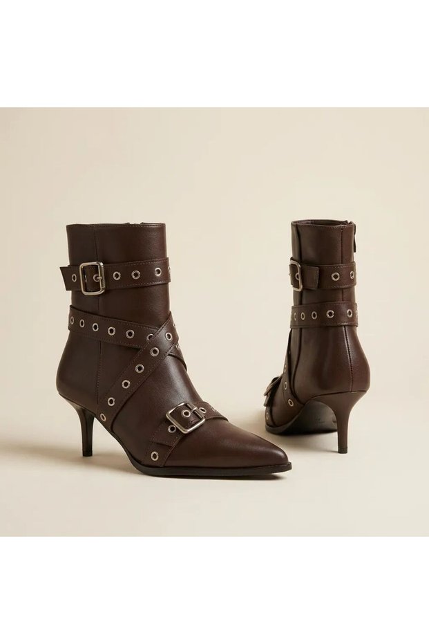 Shoes Women's Brown Buckle-Studded Pointed Toe Heeled Ankle-Length Stylish Daily Boots