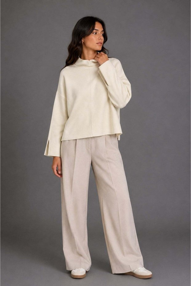 1043 Women's High Neck Sweater with Slit Detail on the Sleeve, Cream