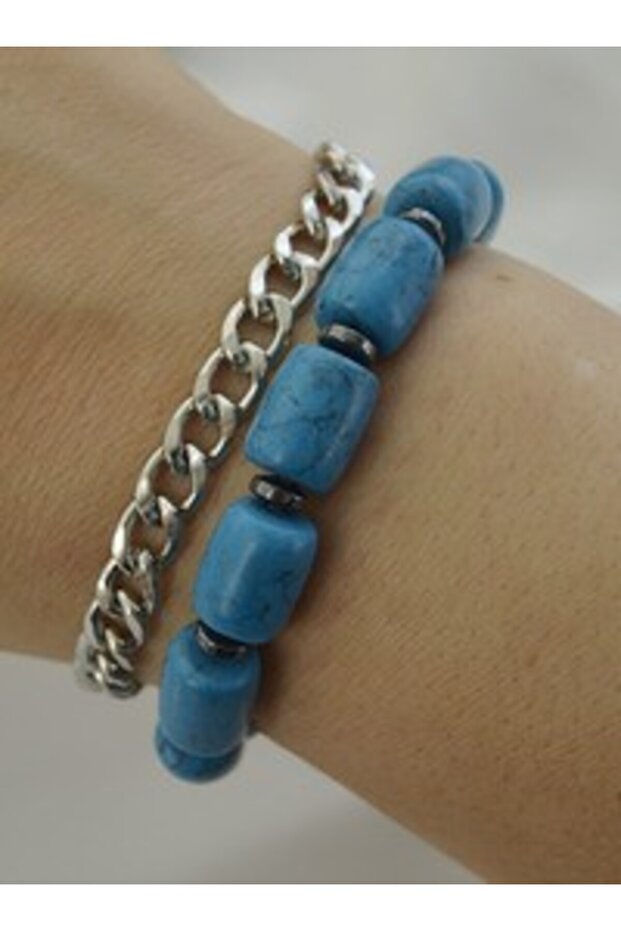 Double Bracelet with Turquoise and Hematite Stones - Multicolor