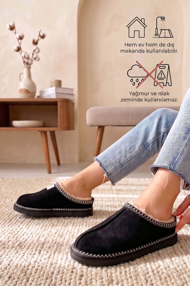 Doxi Black Plush Fur Inside Thick Sole Suede Winter Home and Outdoor Slippers